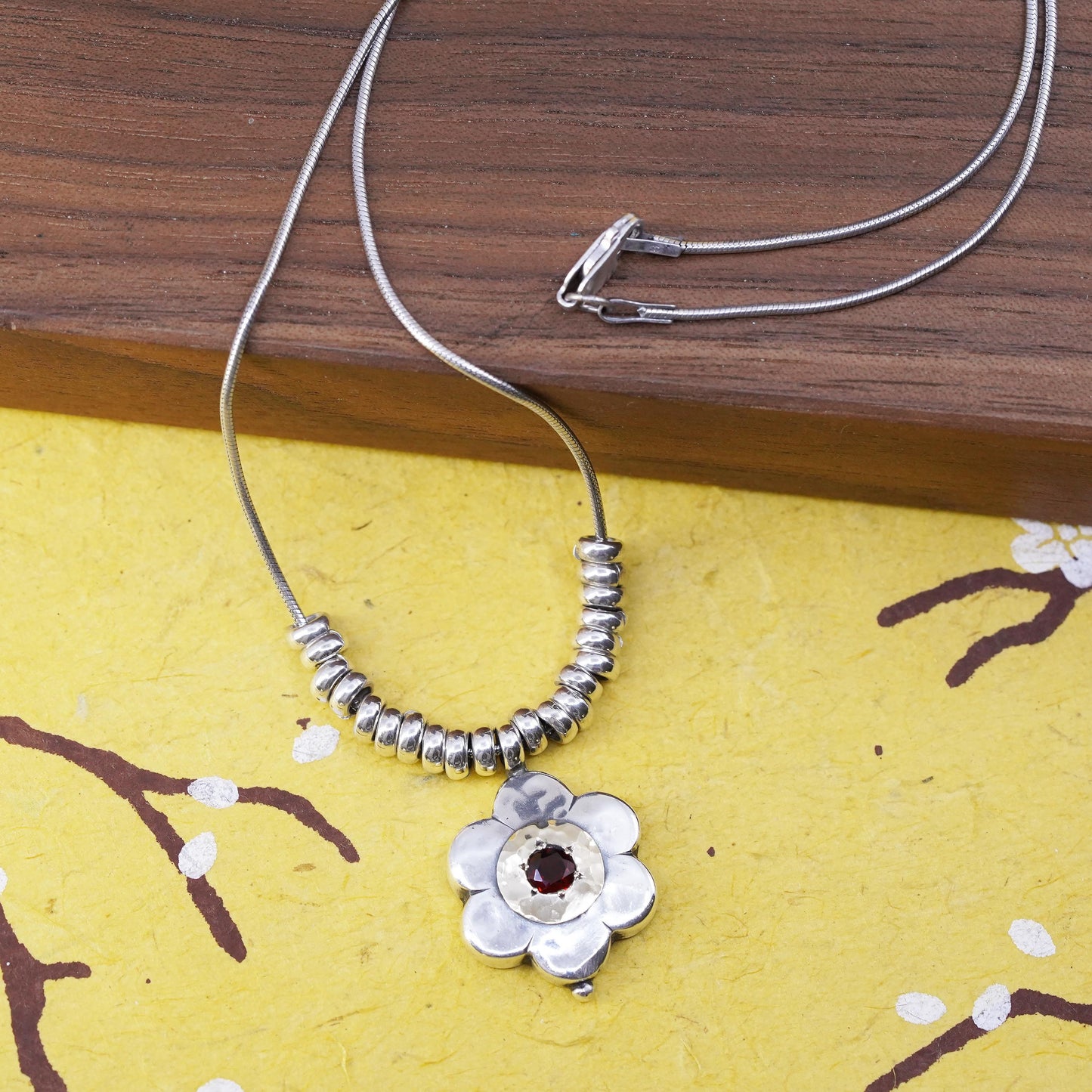 18” Vintage 14K flower Sterling silver pendant, 925 snake chain necklace beads