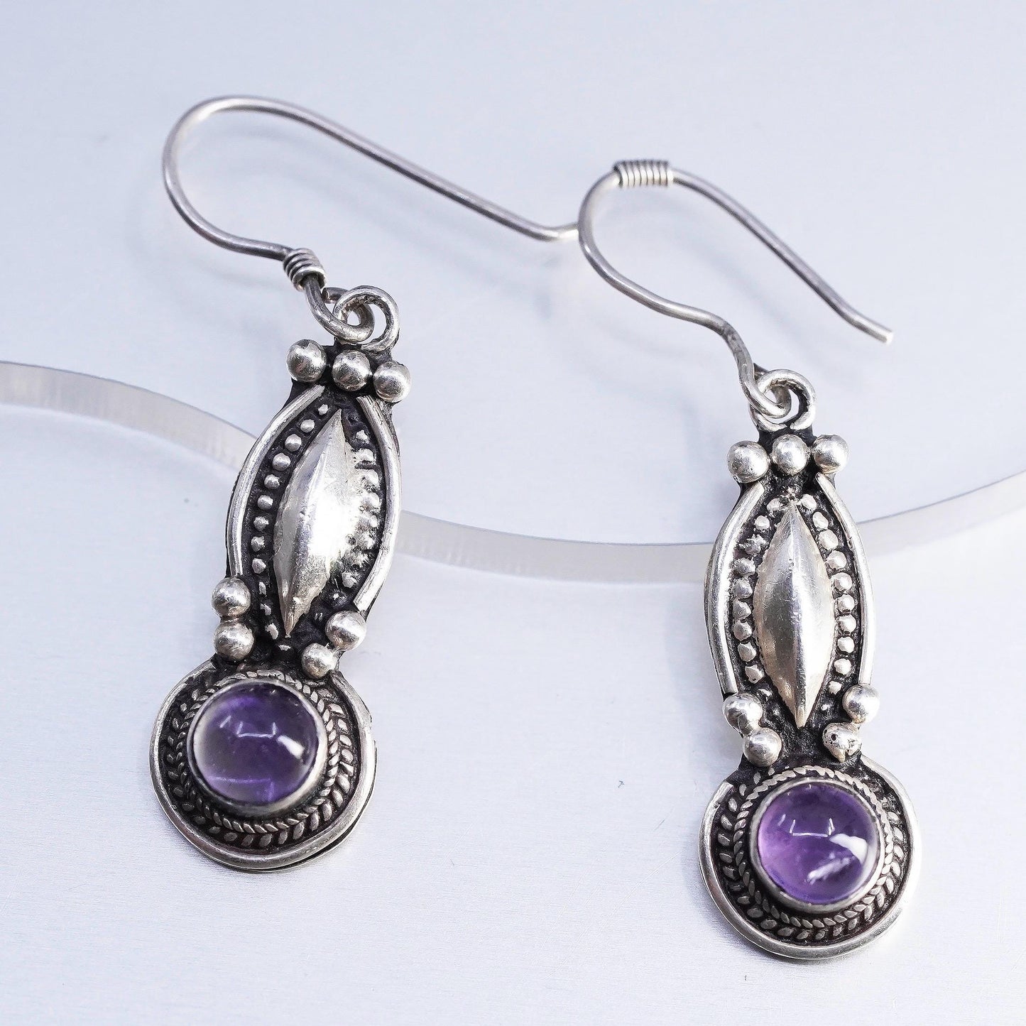 Sterling Silver Amethyst Dangle Earrings, 925 Southwestern Drops, Cabochon