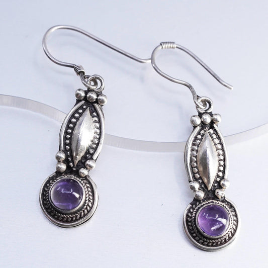 Sterling Silver Amethyst Dangle Earrings, 925 Southwestern Drops, Cabochon