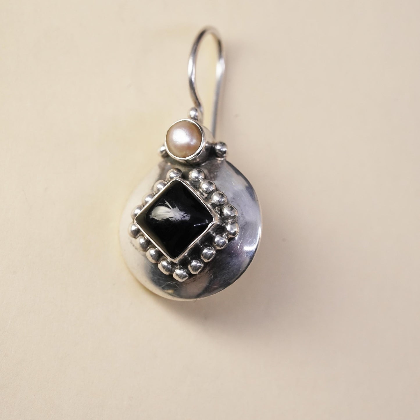 Vintage handmade single earring. Sterling 925 silver hook with onyx and pearl