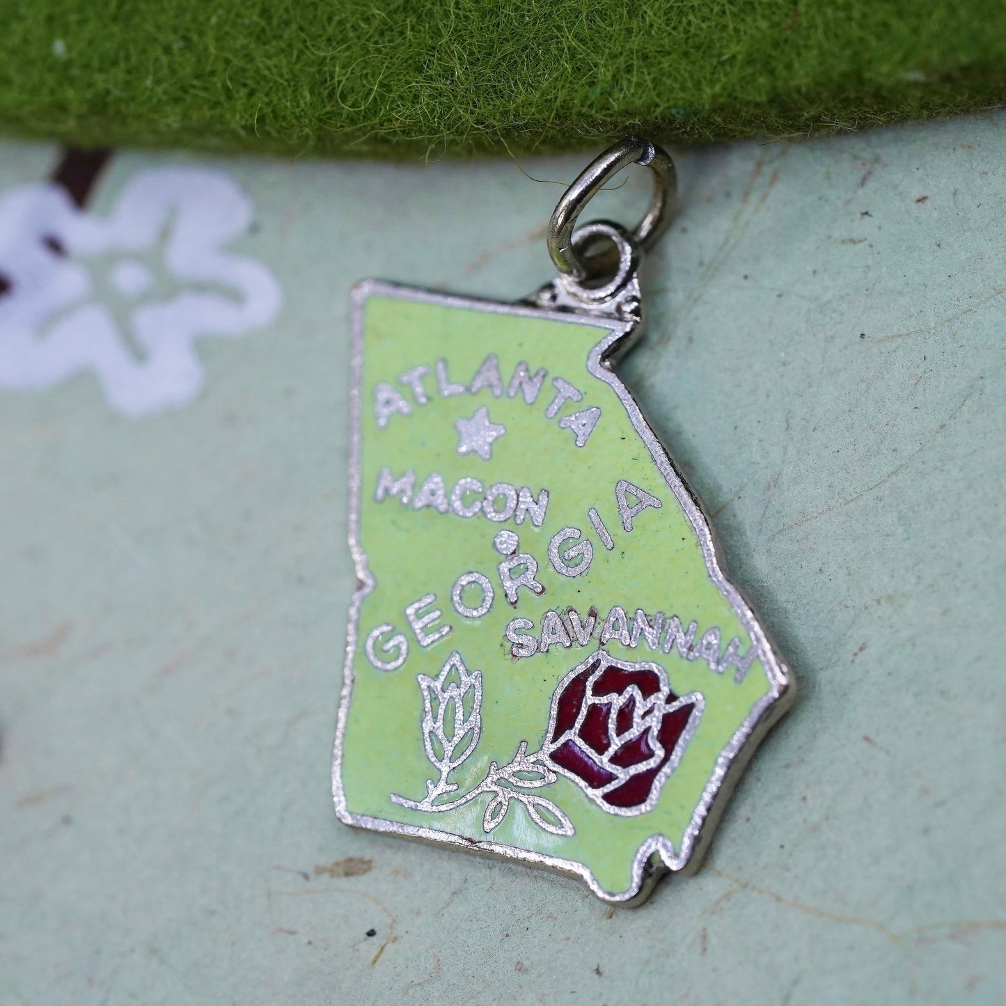Vintage sterling handmade traveler pendant, 925 enamel Georgia state tag