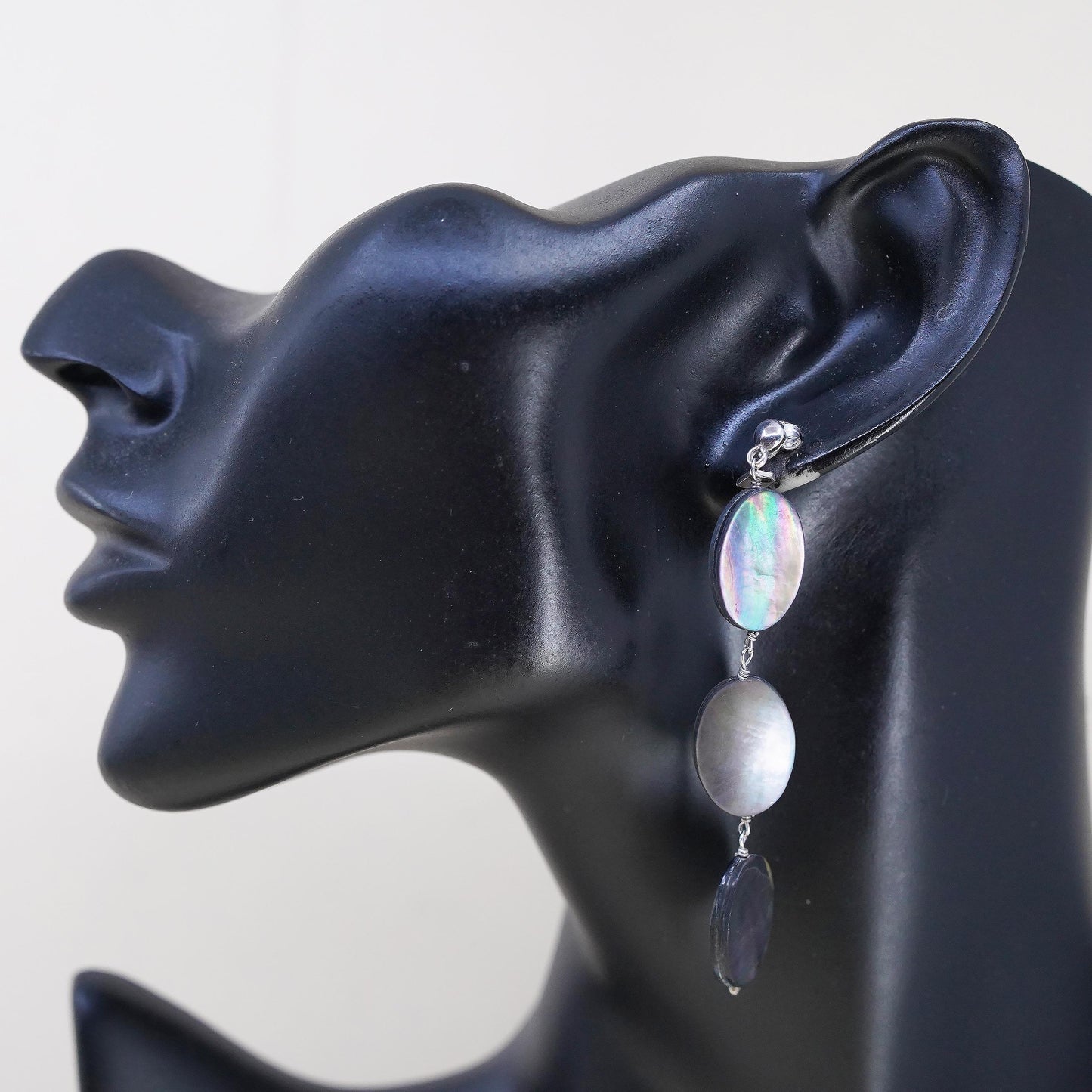 Vintage sterling 925 silver handmade long earrings with oval abalone dangles
