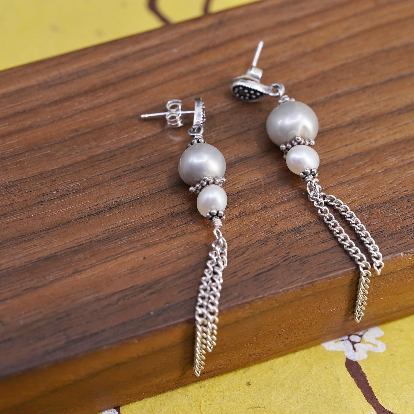 Sterling 925 silver long earrings, freshwater pearl beads marcasites chain