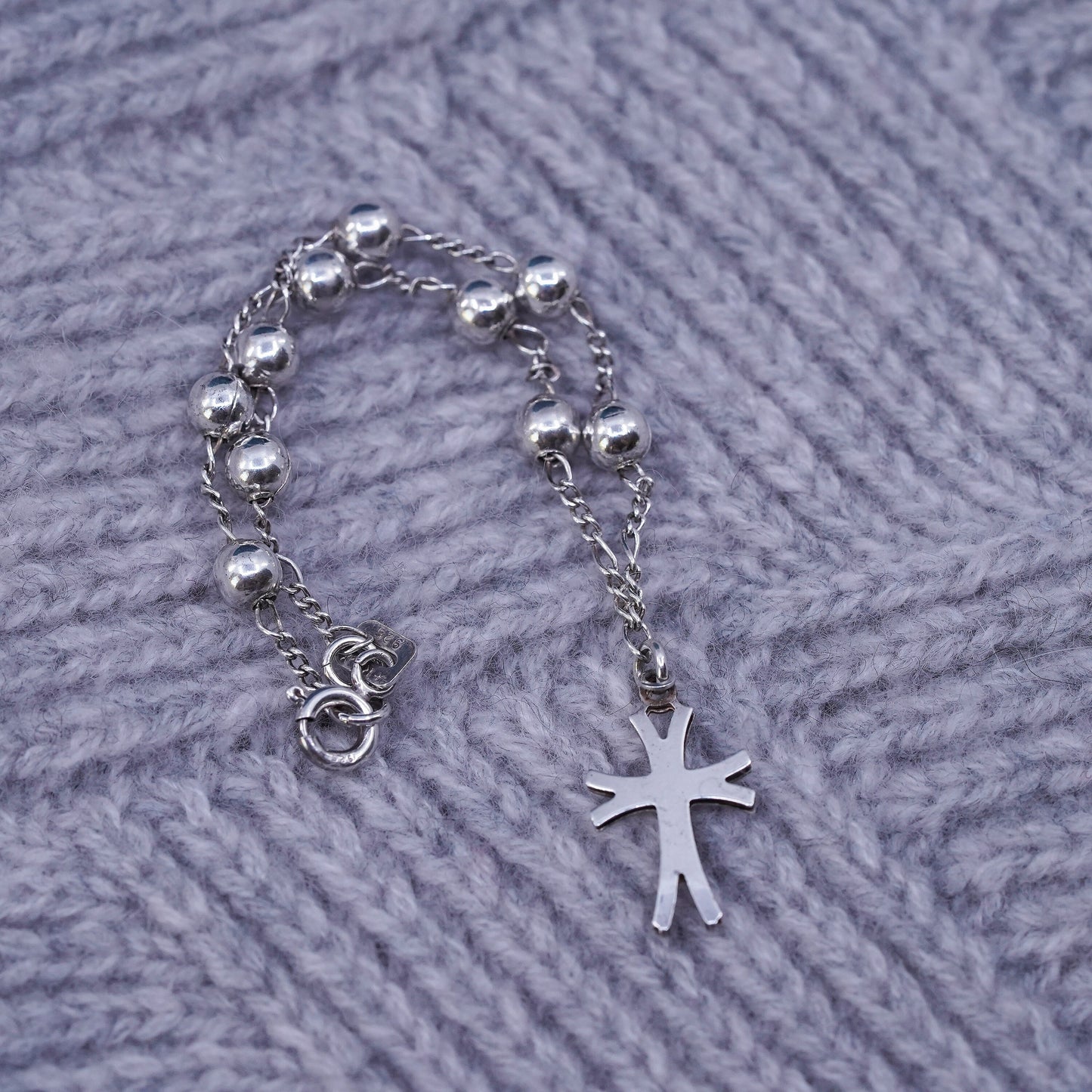 7", vintage Sterling silver handmade bracelet, 925 beads chain with cross charm