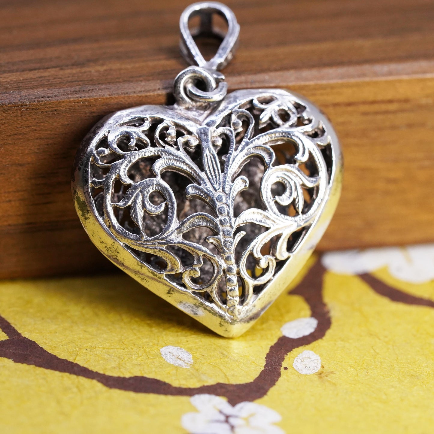 VTG Sterling silver handmade double side pendant, 925 filigree heart pendant