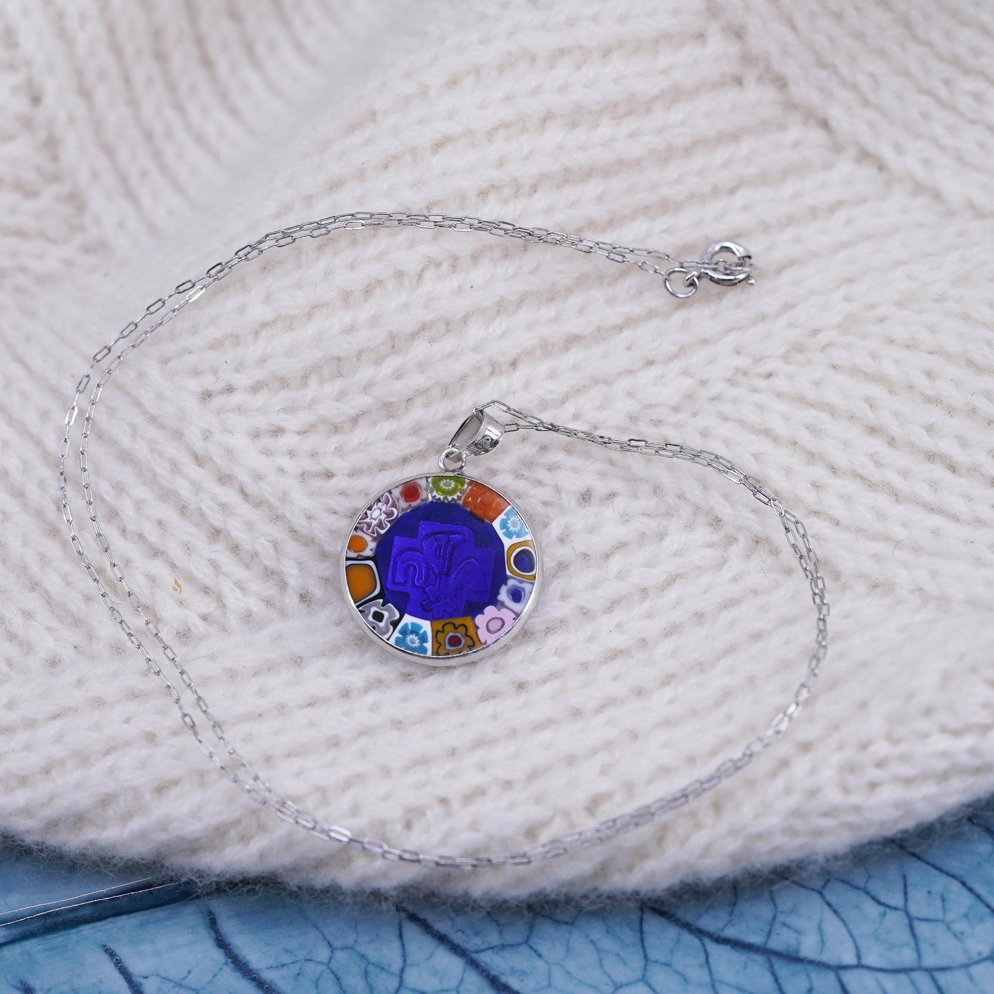 18”, Italy sterling 925 silver artisan blue murano floral glass necklace