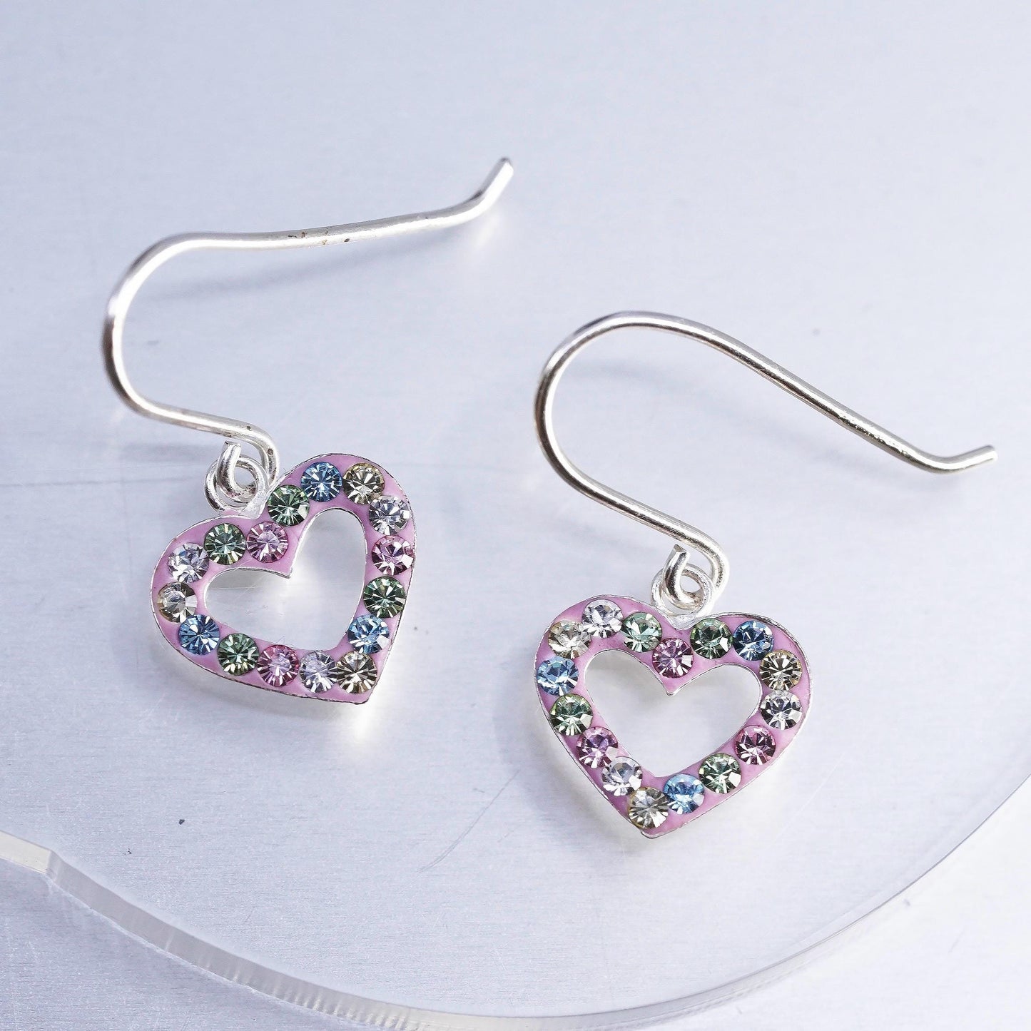 Vintage Sterling 925 silver pink heart earrings with cluster cz