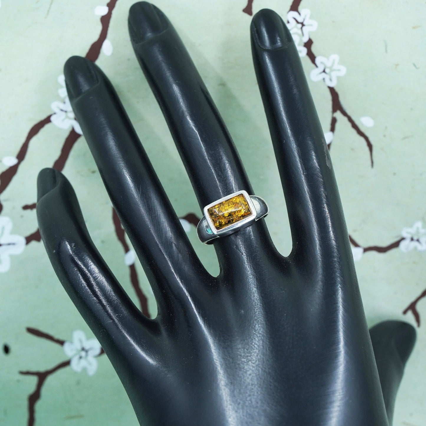 Size 6.75, Vintage sterling silver 925 handmade band ring with Amber