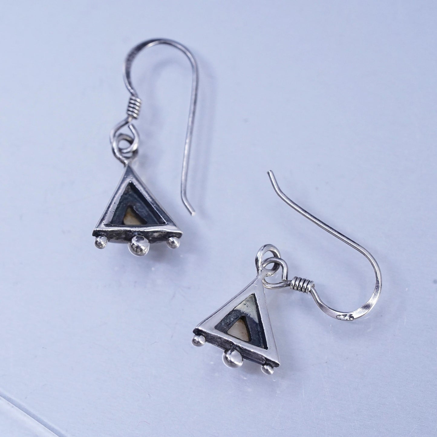 Vintage Sterling 925 silver handmade triangular earrings with mother of pearl