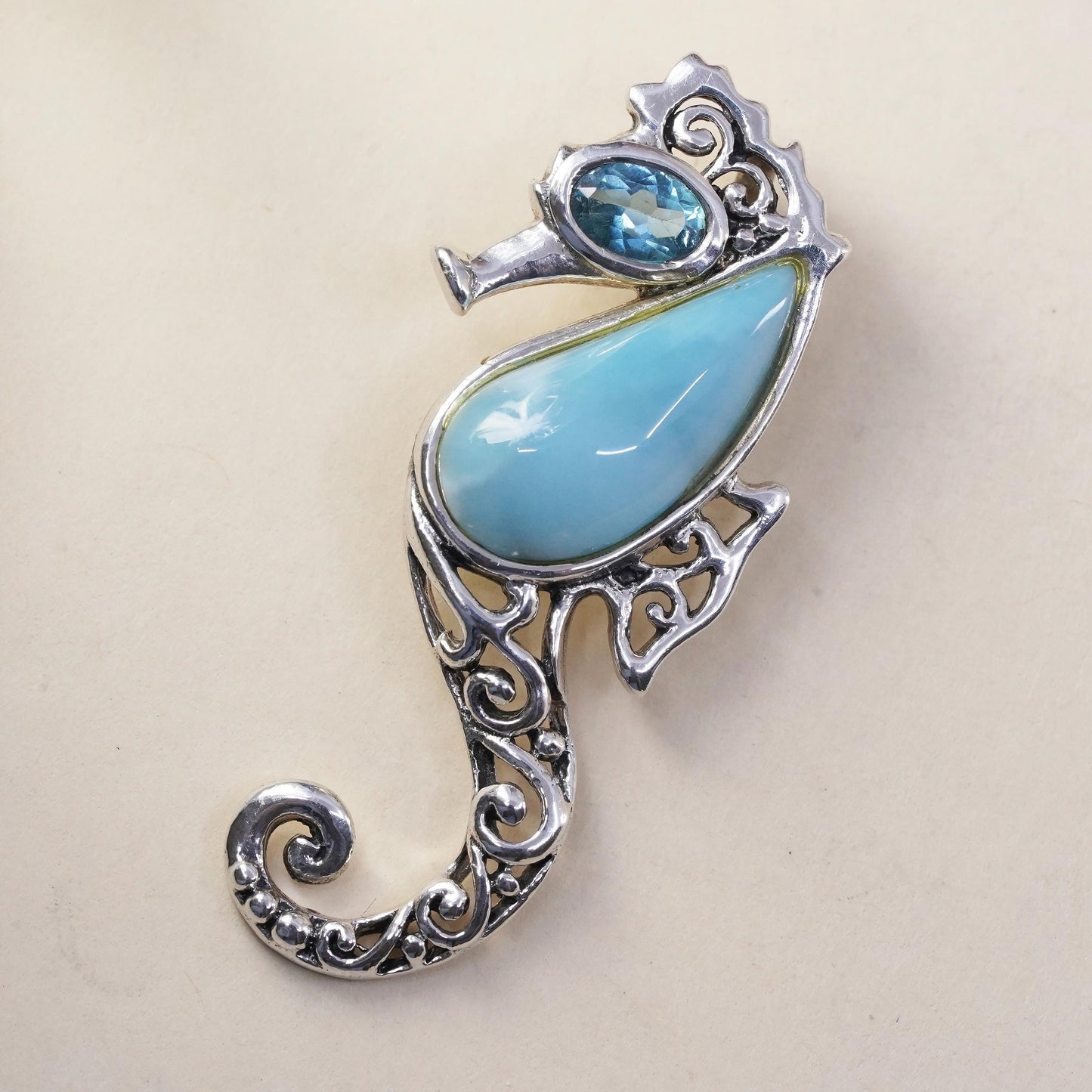 Vintage sterling 925 silver handmade filigree seahorse pendant larimar topaz