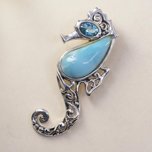 Vintage sterling 925 silver handmade filigree seahorse pendant larimar topaz