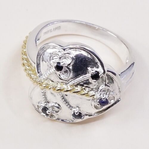 Size 7.25, Vtg Two Tone Sterling 925 Silver Handmade Ring W/ Leaves N Sapphire