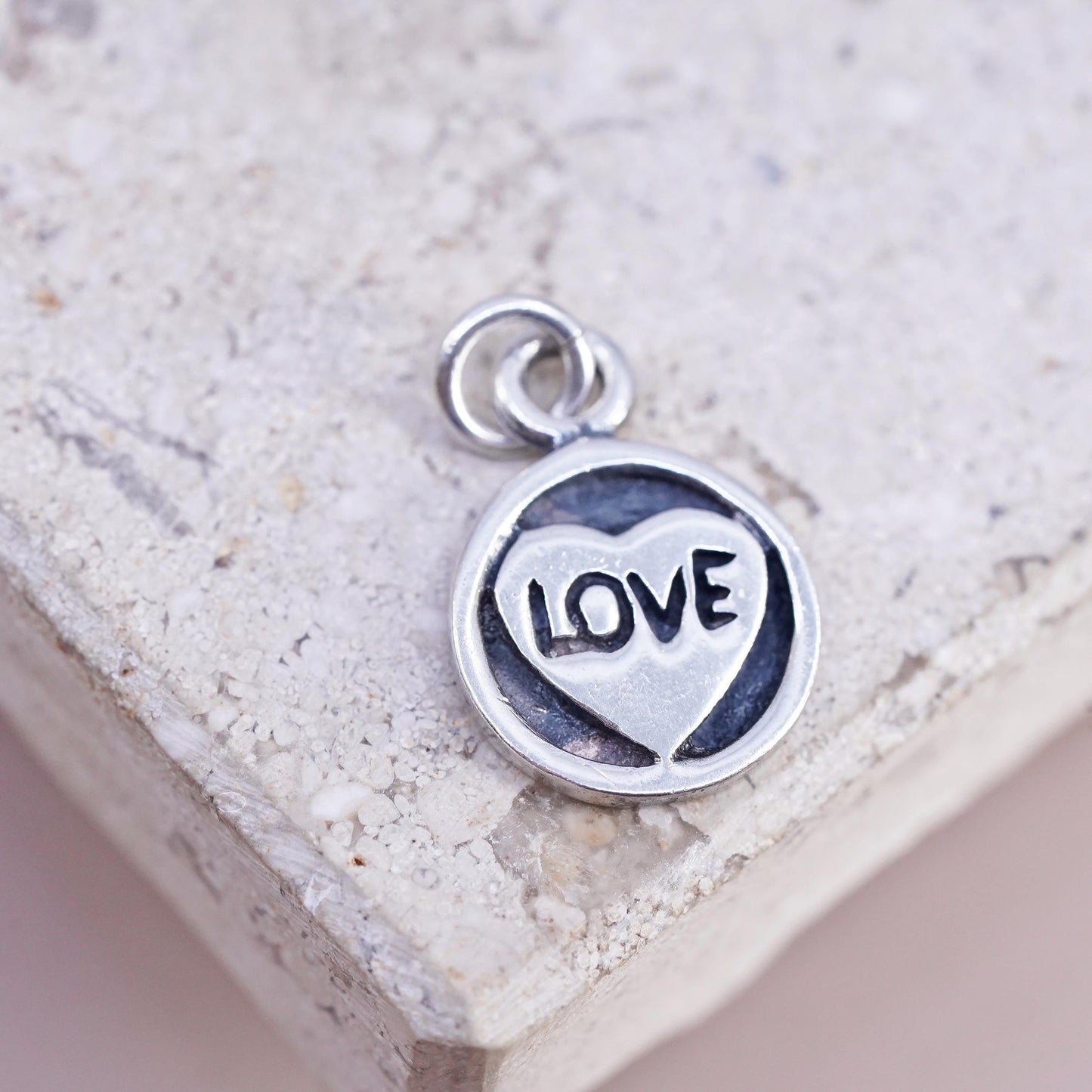 Vintage sterling silver handmade pendant, 925 circle tag charm embossed "love"