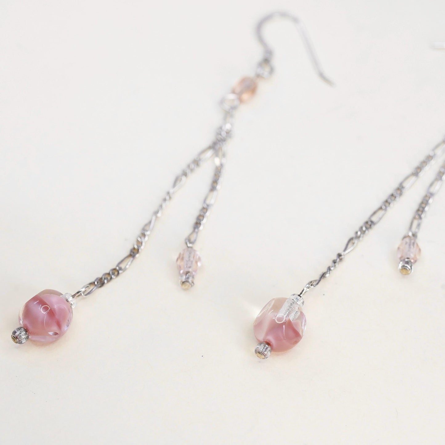 Vintage Sterling silver earrings, 925 figaro chain pink artisan glass drops
