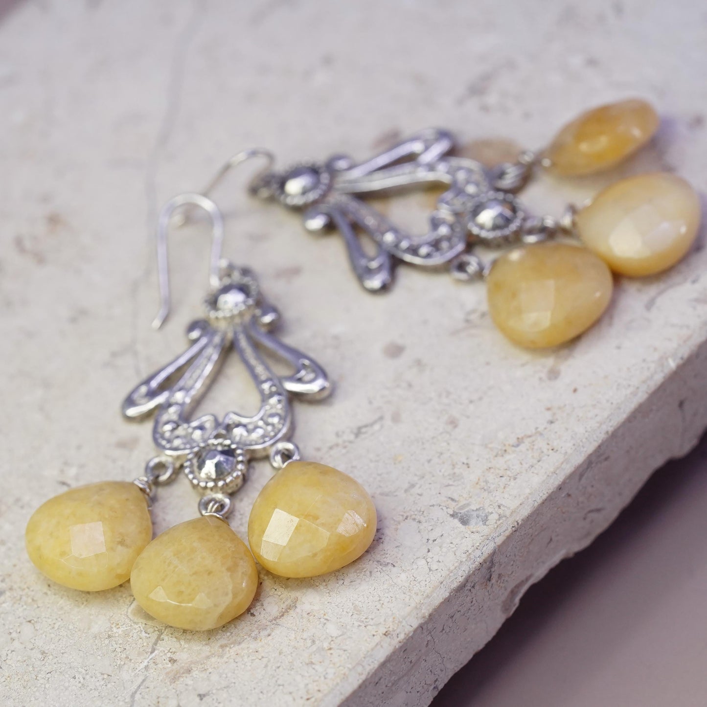 Vintage Sterling 925 silver handmade filigree earrings with teardrop citrine