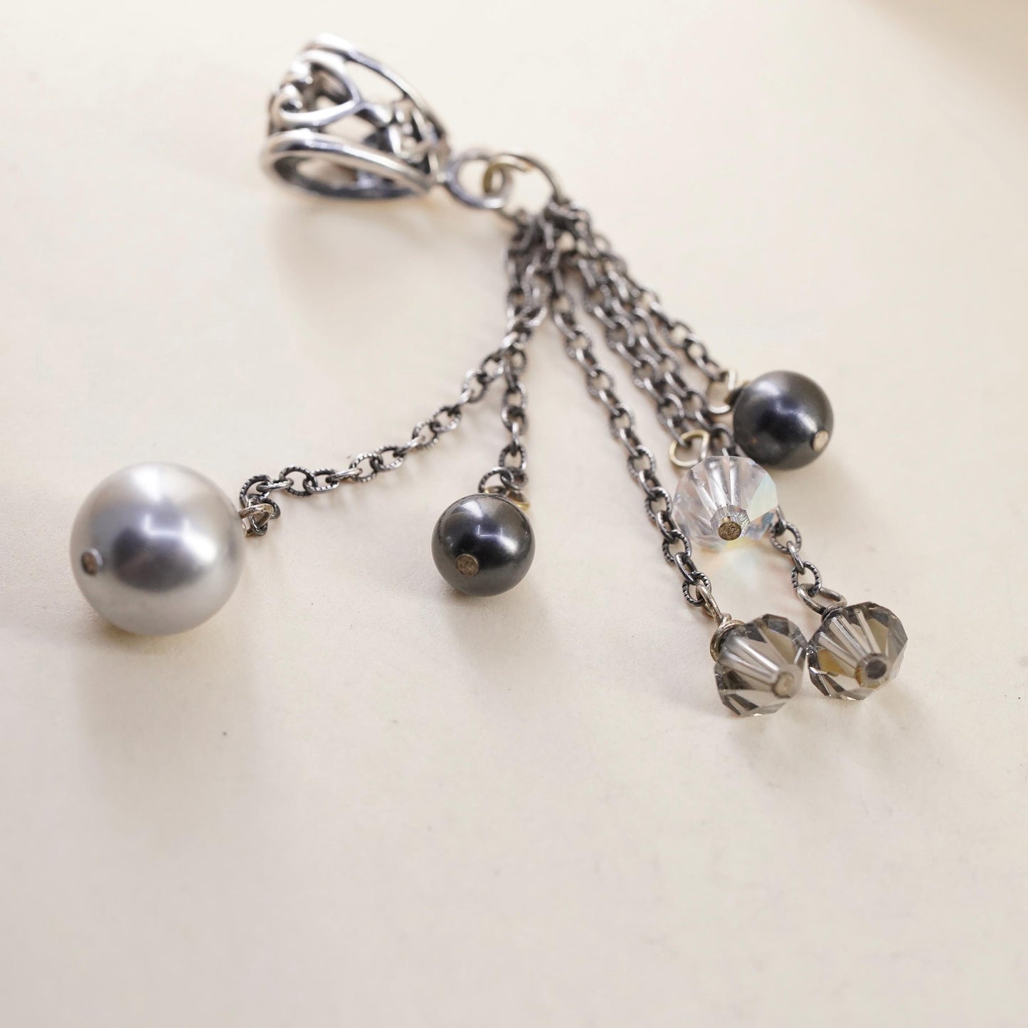 Vintage handmade sterling 925 silver chain pendant with pearl and crystal