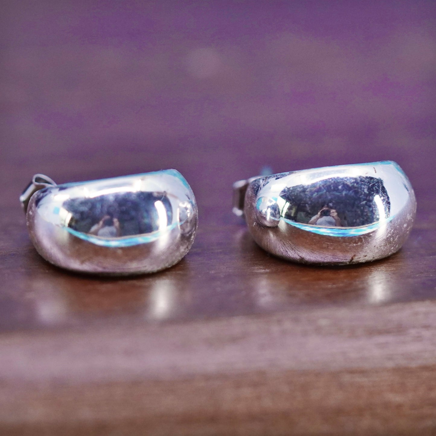 0.5”, Vintage Sterling silver handmade earrings, moon shaped 925 Huggie studs