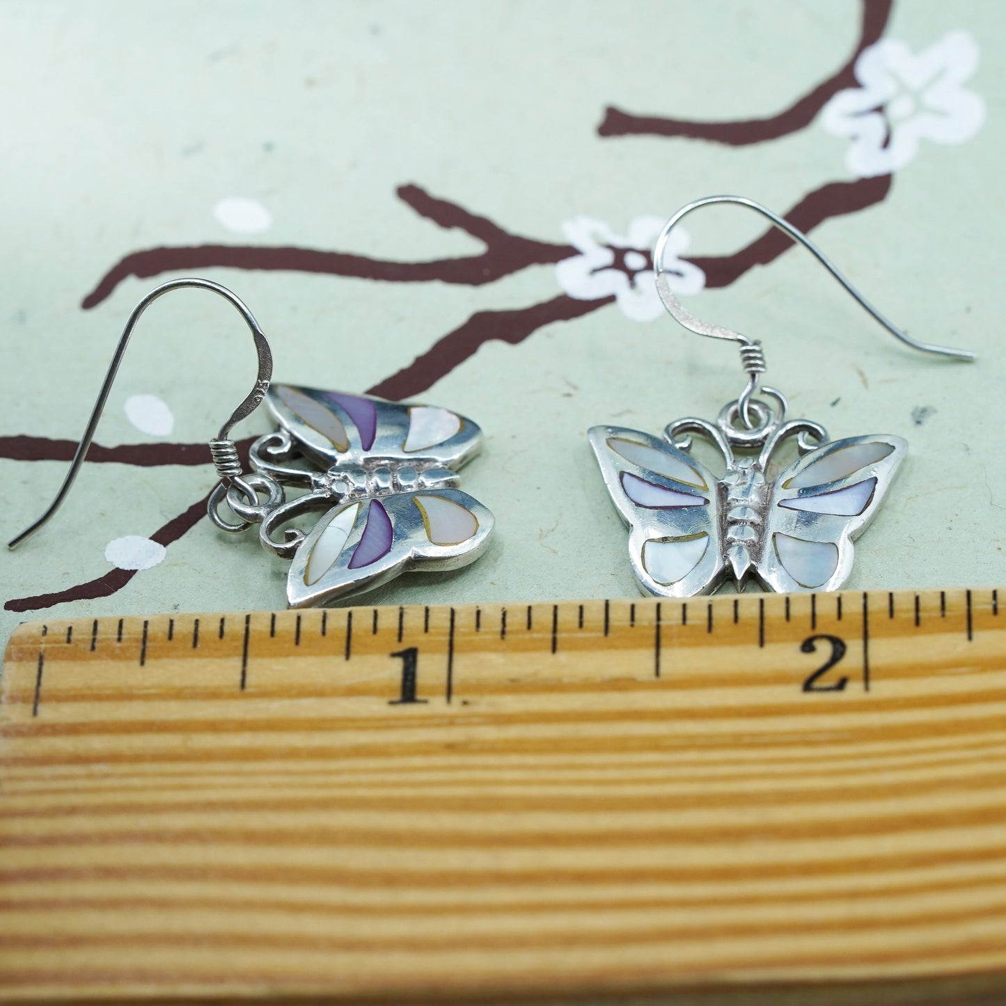 sterling silver handmade earrings, 925 butterfly with mother of pearl inlay