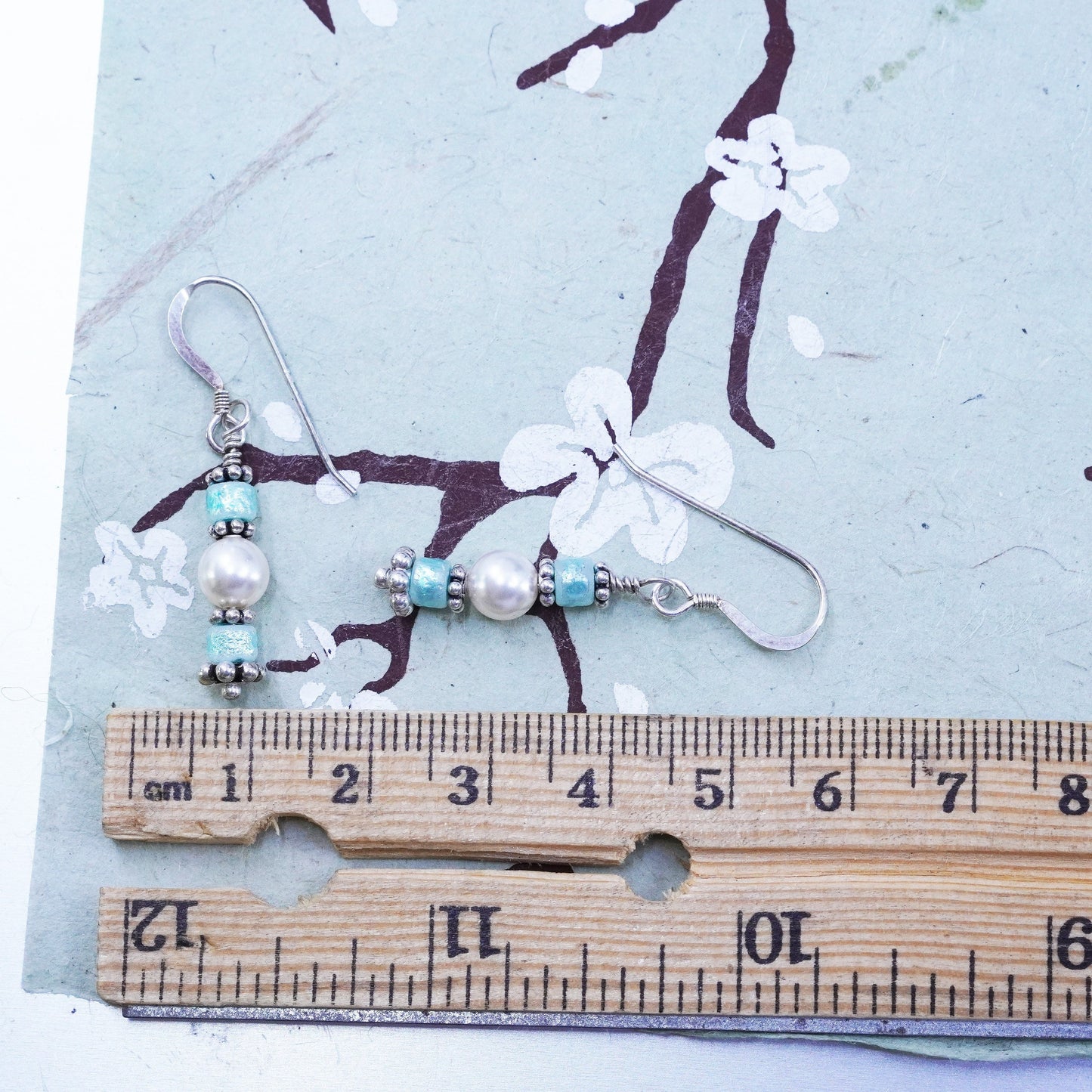 Vintage Sterling silver handmade earrings, 925 hooks with pearl and glass