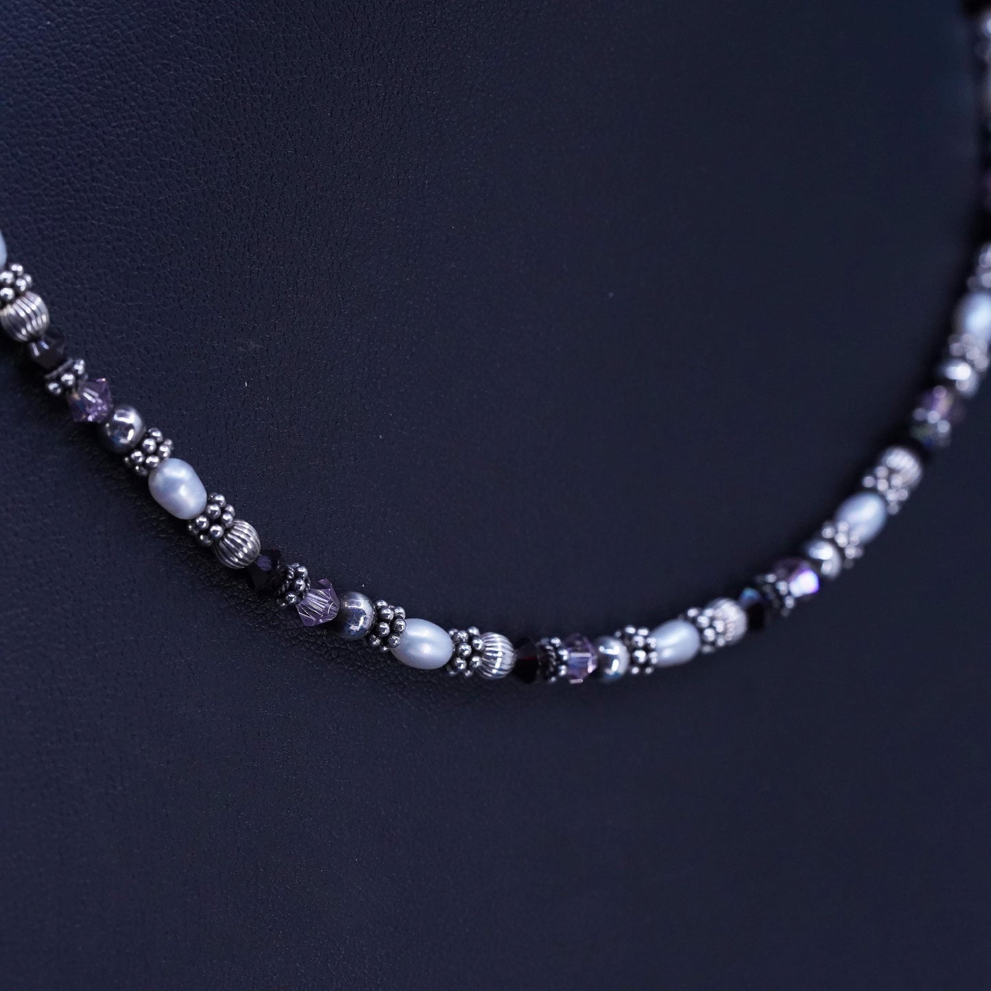 16+2", VTG Sterling 925 silver necklace with freshwater pearl and crystal beads