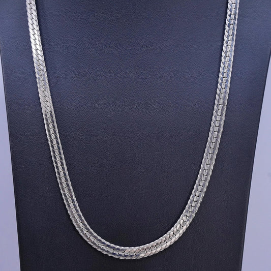 24", vintage Sterling silver handmade necklace, flatten textured 925 curb chain