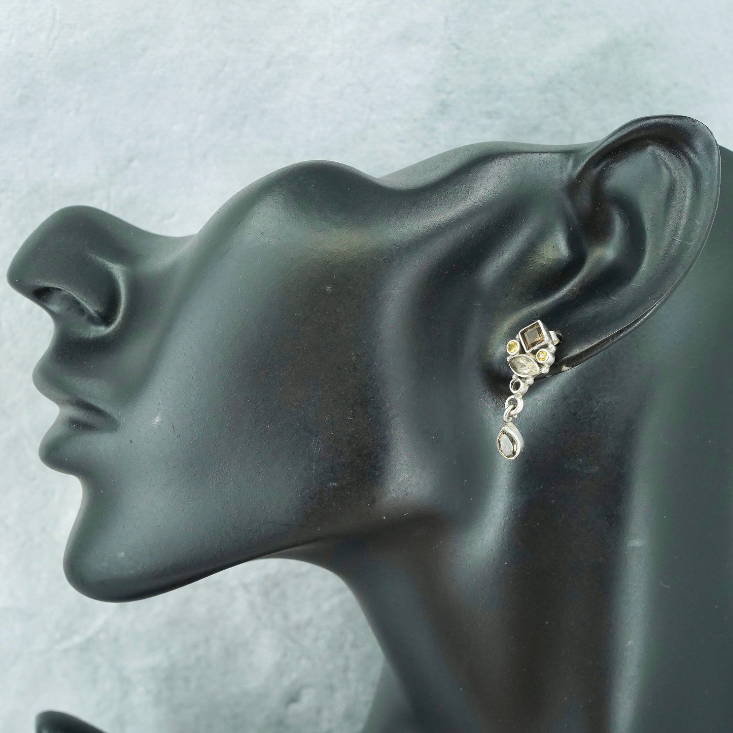 Vintage Sterling 925 silver handmade earrings with teardrop smoky topaz