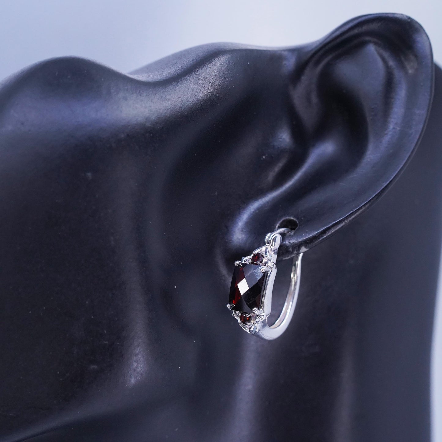 0.75”, vintage fashionable Sterling silver earrings, 925 Huggie hoops garnet