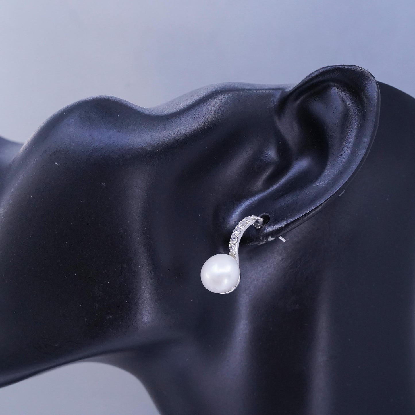 Vintage Sterling 925 silver handmade earrings, studs with 10mm pearl and cz