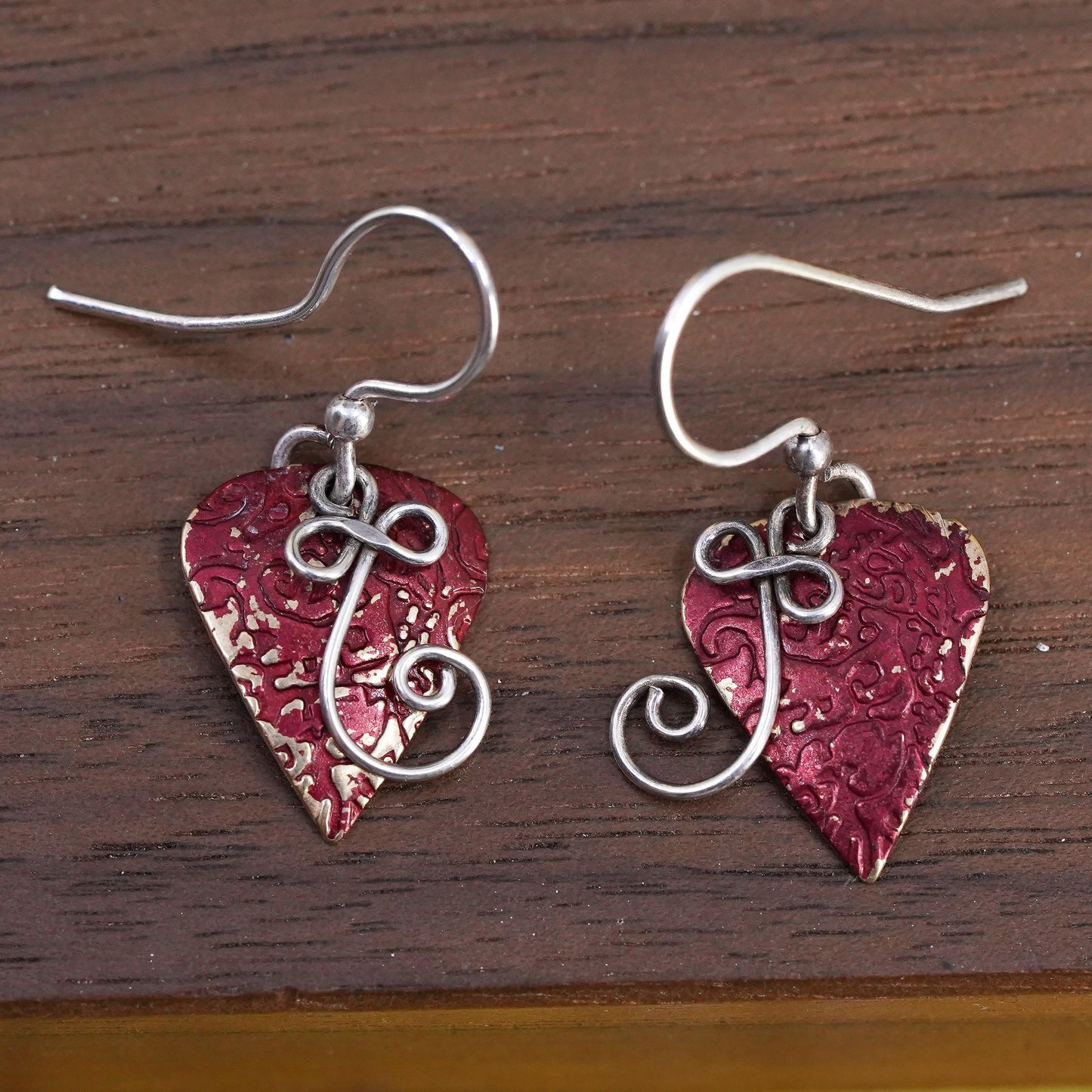 VTG Sterling silver handmade earrings, 925 Hammered disc swirly sprial dangles