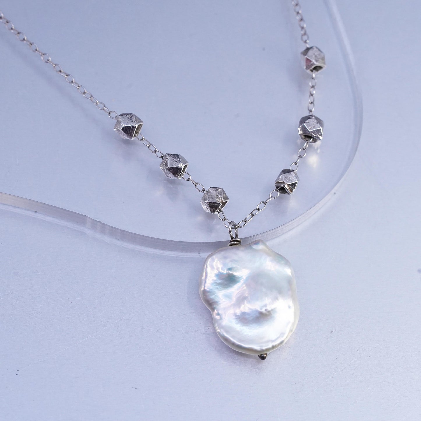 16+3", vintage Sterling 925 silver circle chain necklace Baroque pearl pendant