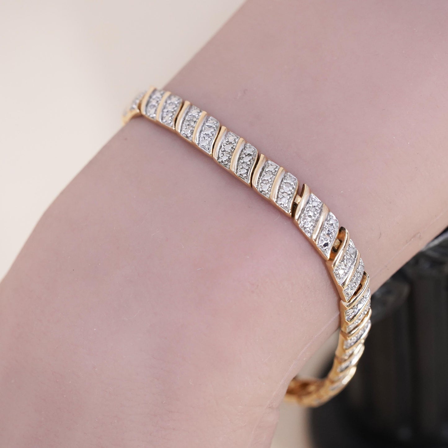 7.25”, vermeil gold sterling silver tennis bracelet 925 San Marco chain diamond