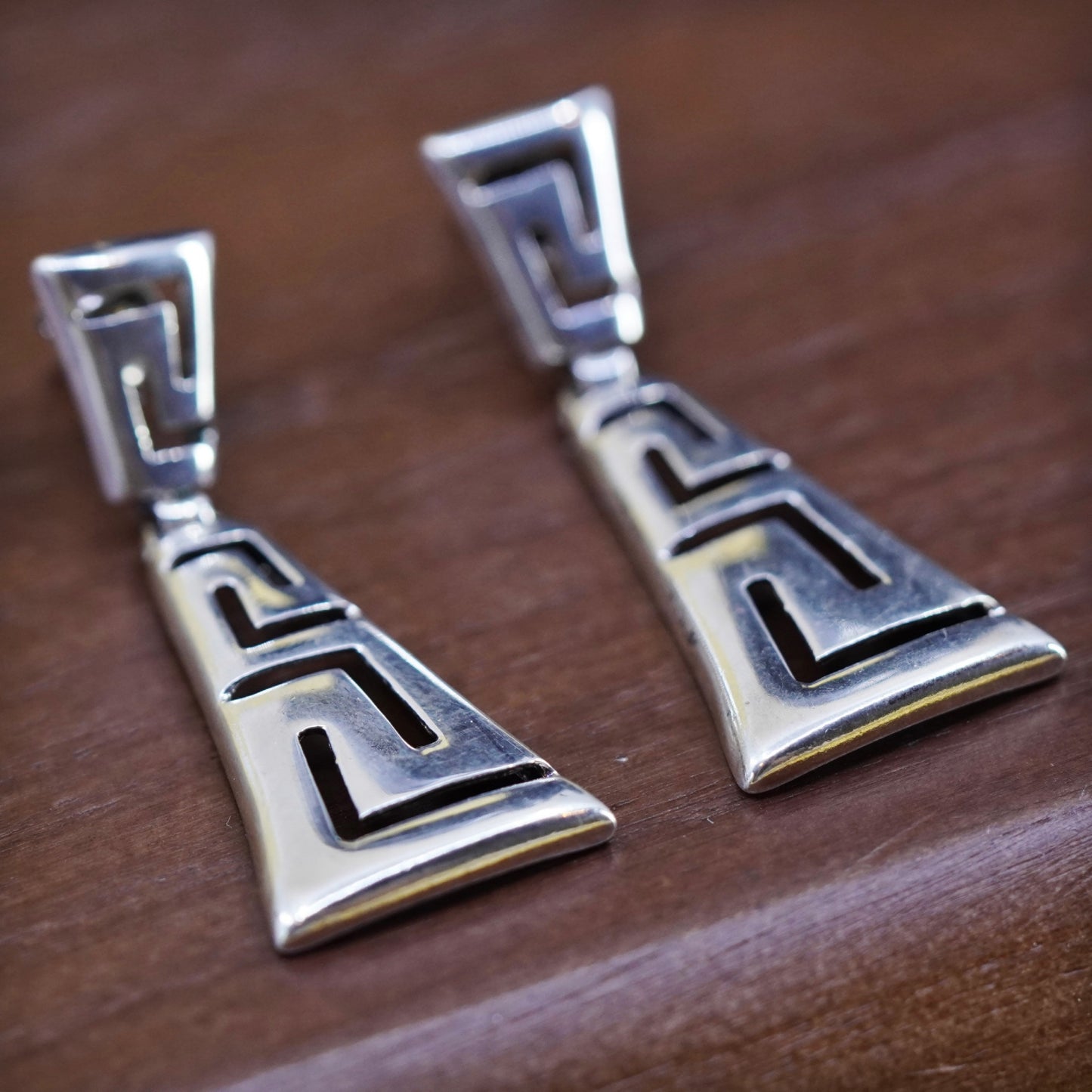 Vintage Sterling silver handmade earrings, 925 teardrop Greek key dangles