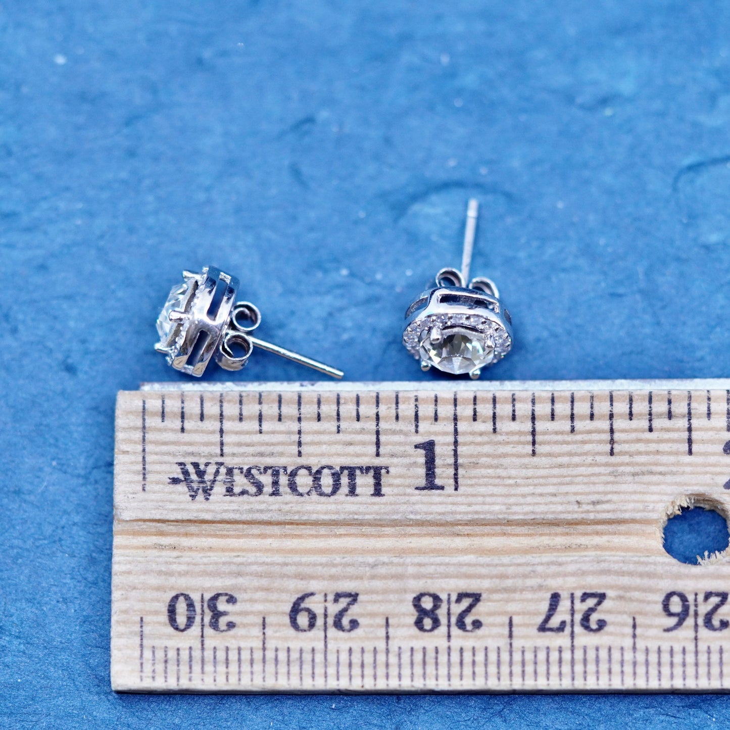 Vintage sterling silver handmade earrings, 925 studs with CZ inlay