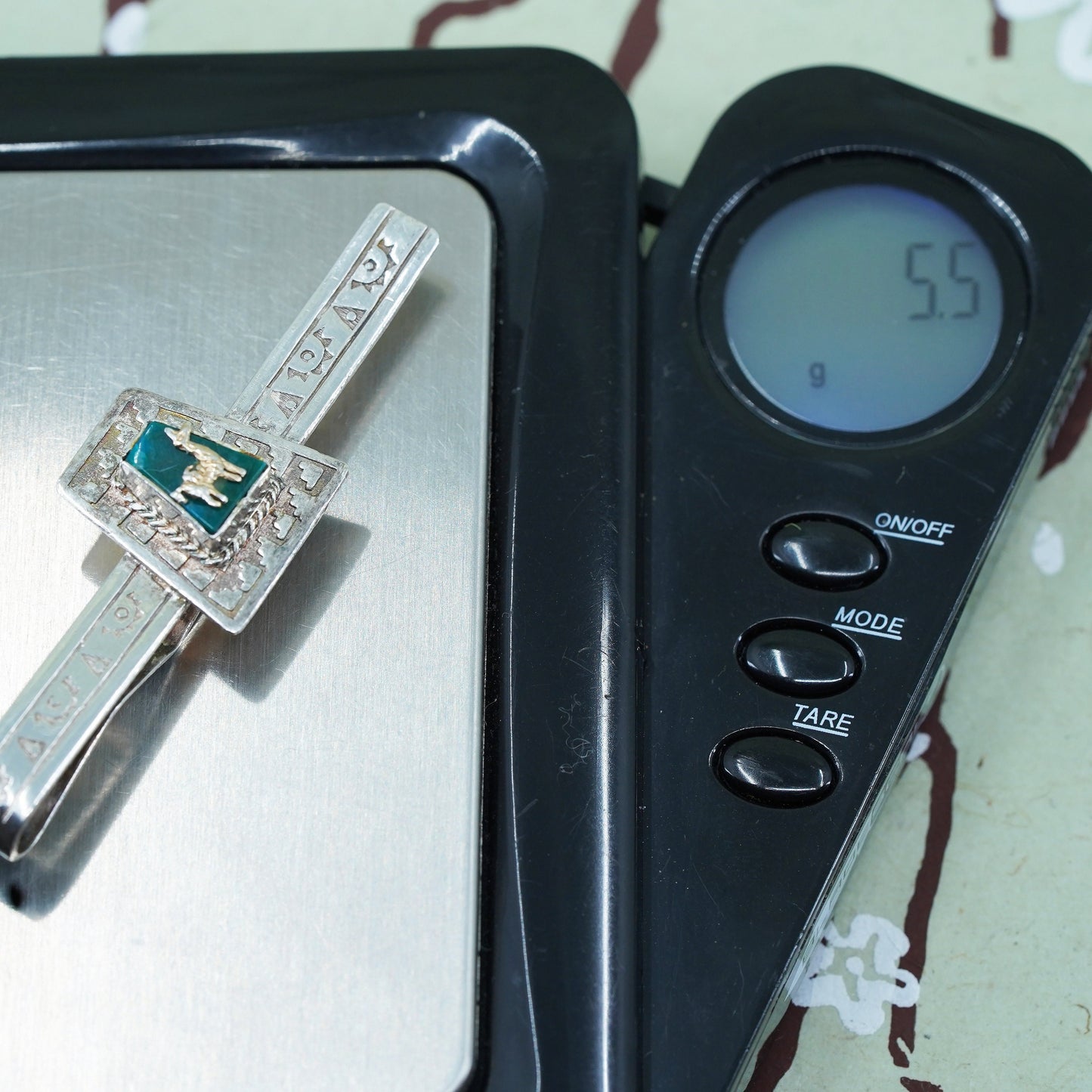 Vintage sterling 925 silver handmade tie clip with turquoise and llama