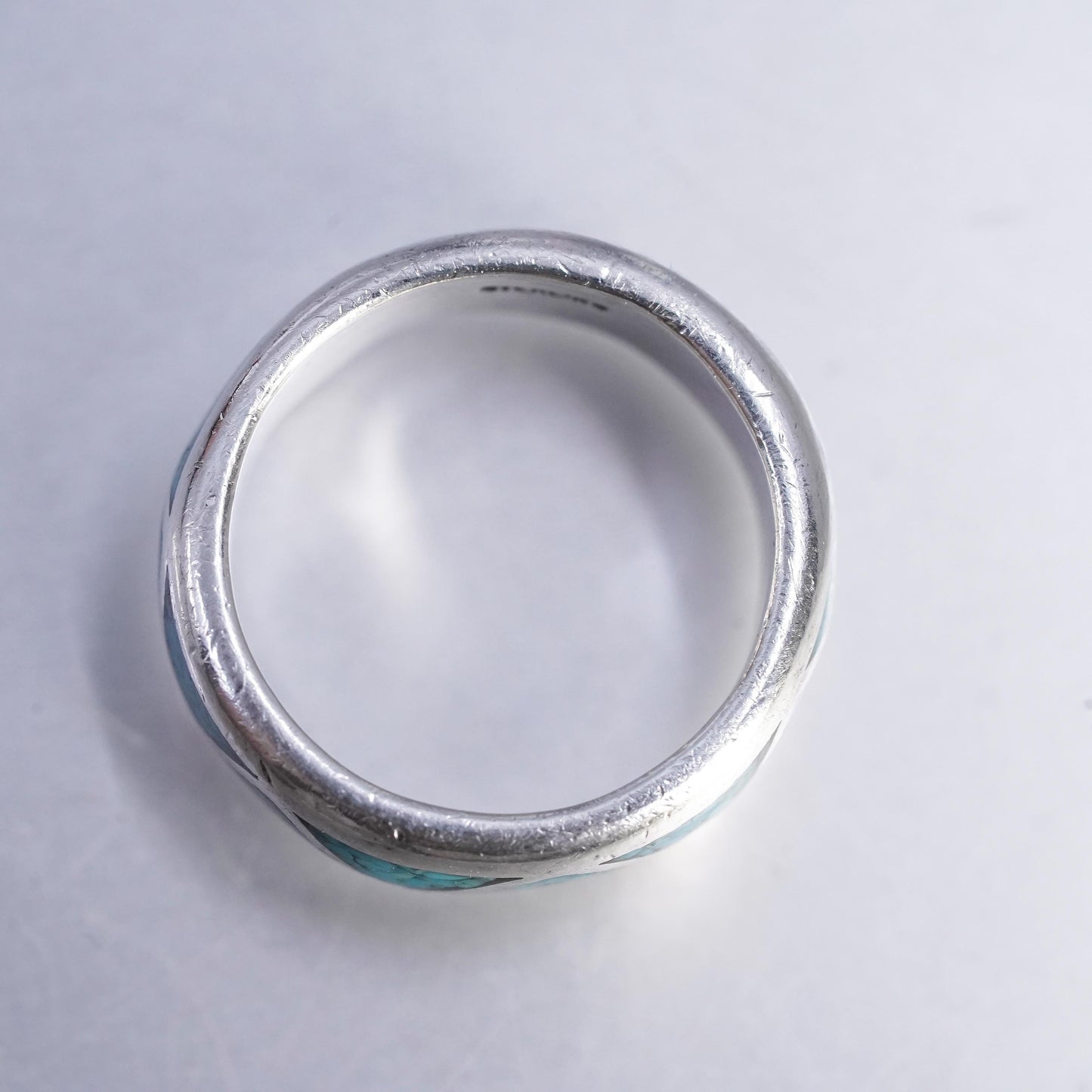 size 5.25, Native American Zuni Sterling Silver Ring, 925 zigzag band turquoise