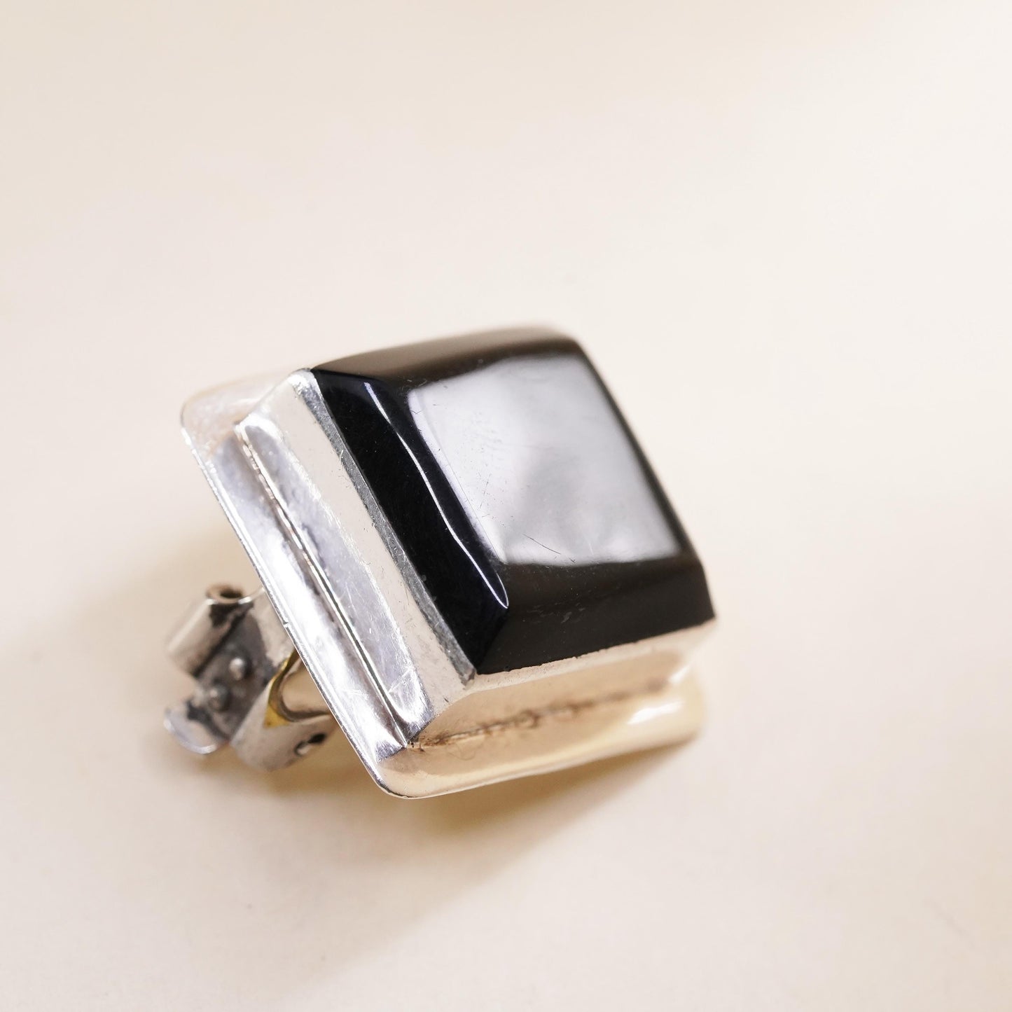 Vintage Mexican sterling silver single earring, 925 silver square clip on onyx