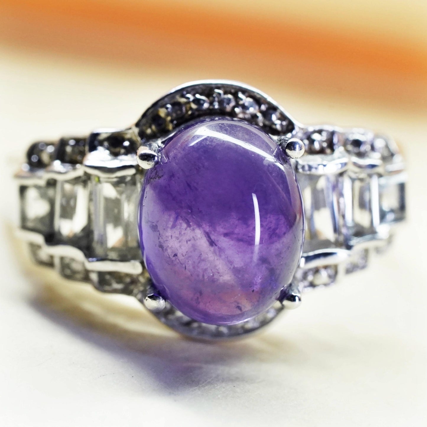 Size 8.25, vintage Sterling silver 925 cocktail ring dome amethyst clear quartz