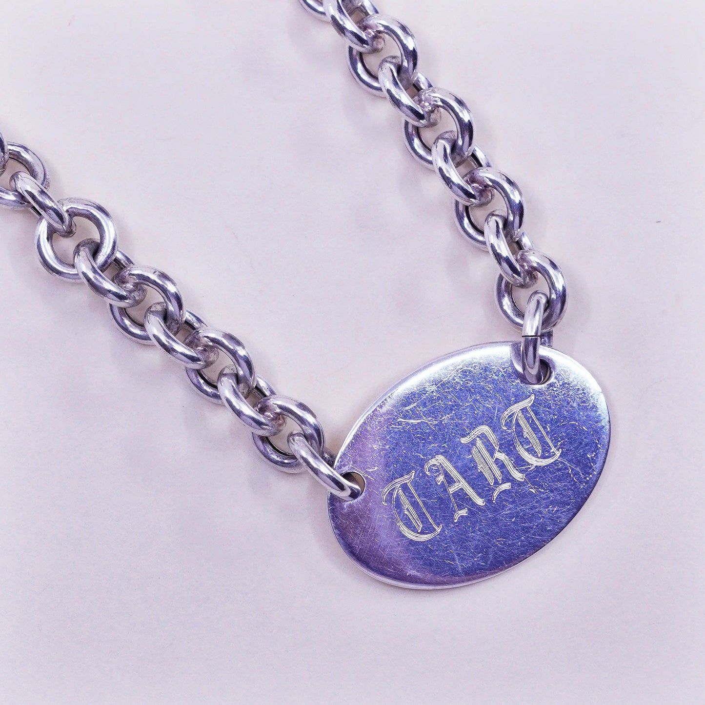 17” 7mm, vintage sterling silver handmade necklace, 925 circle chain with tag embossed “Dard” pendant, stamped 925 Italy