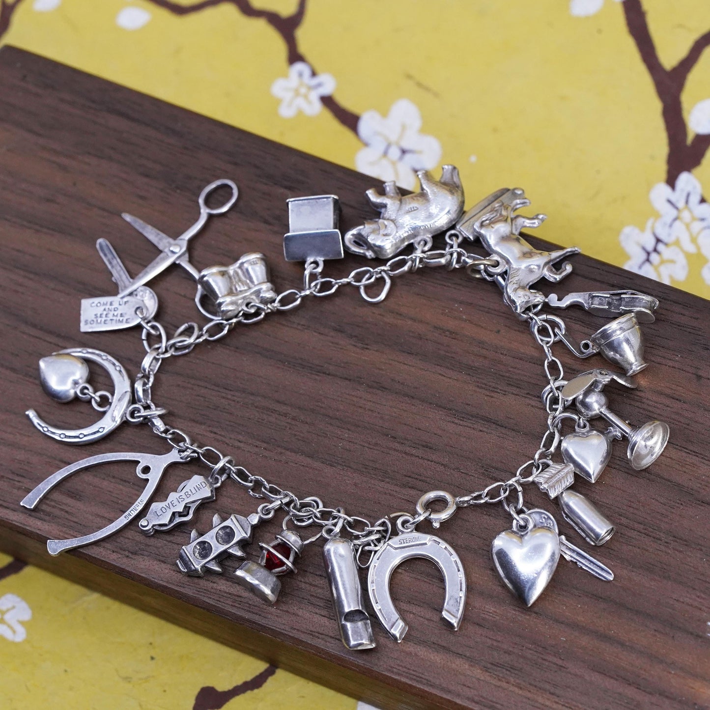 6.5”, Sterling silver horse riding lover bracelet, 925 silver chain 20 charms