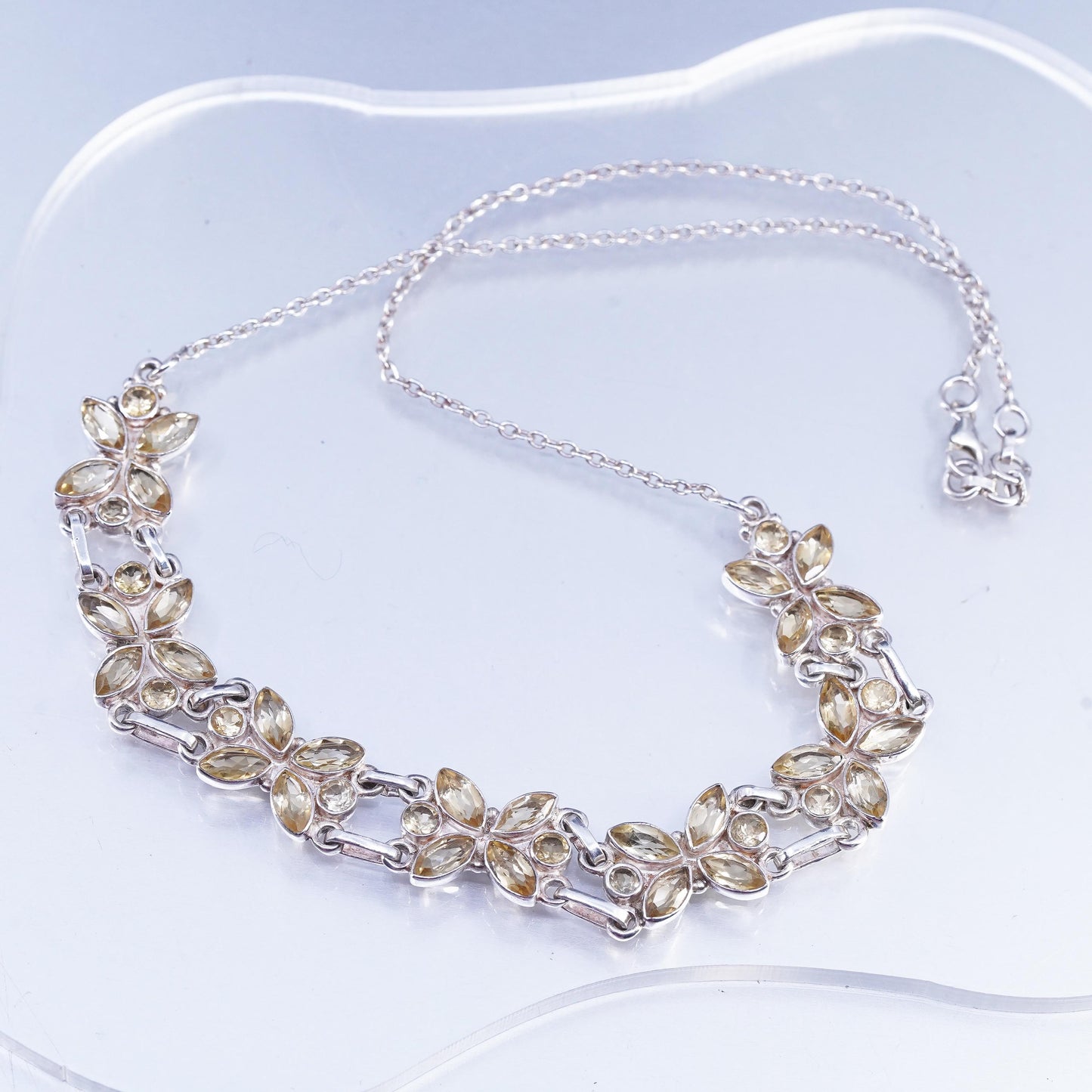 17+1", Sterling 925 silver circle chain necklace citrine butterfly pendant