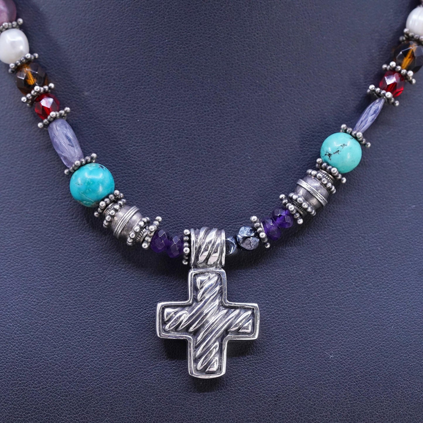 16", Sterling 925 silver Native American Navajo turquoise coral necklace cross