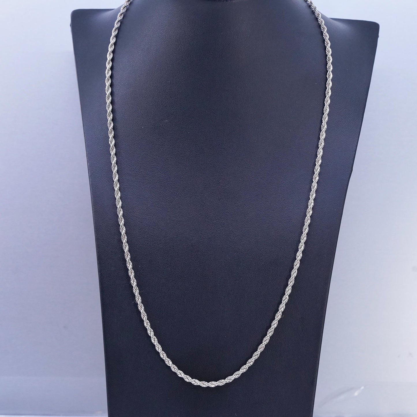 24" 3mm, vintage USA Sterling 925 silver rope chain necklace, stamped Sterling