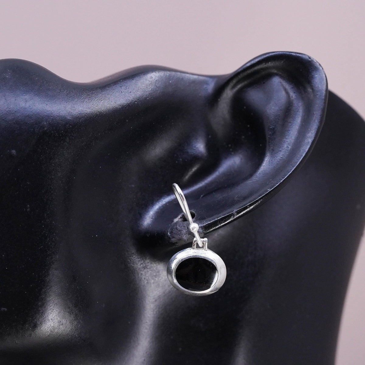Vintage southwestern sterling 925 silver handmade oval earrings with blue onyx