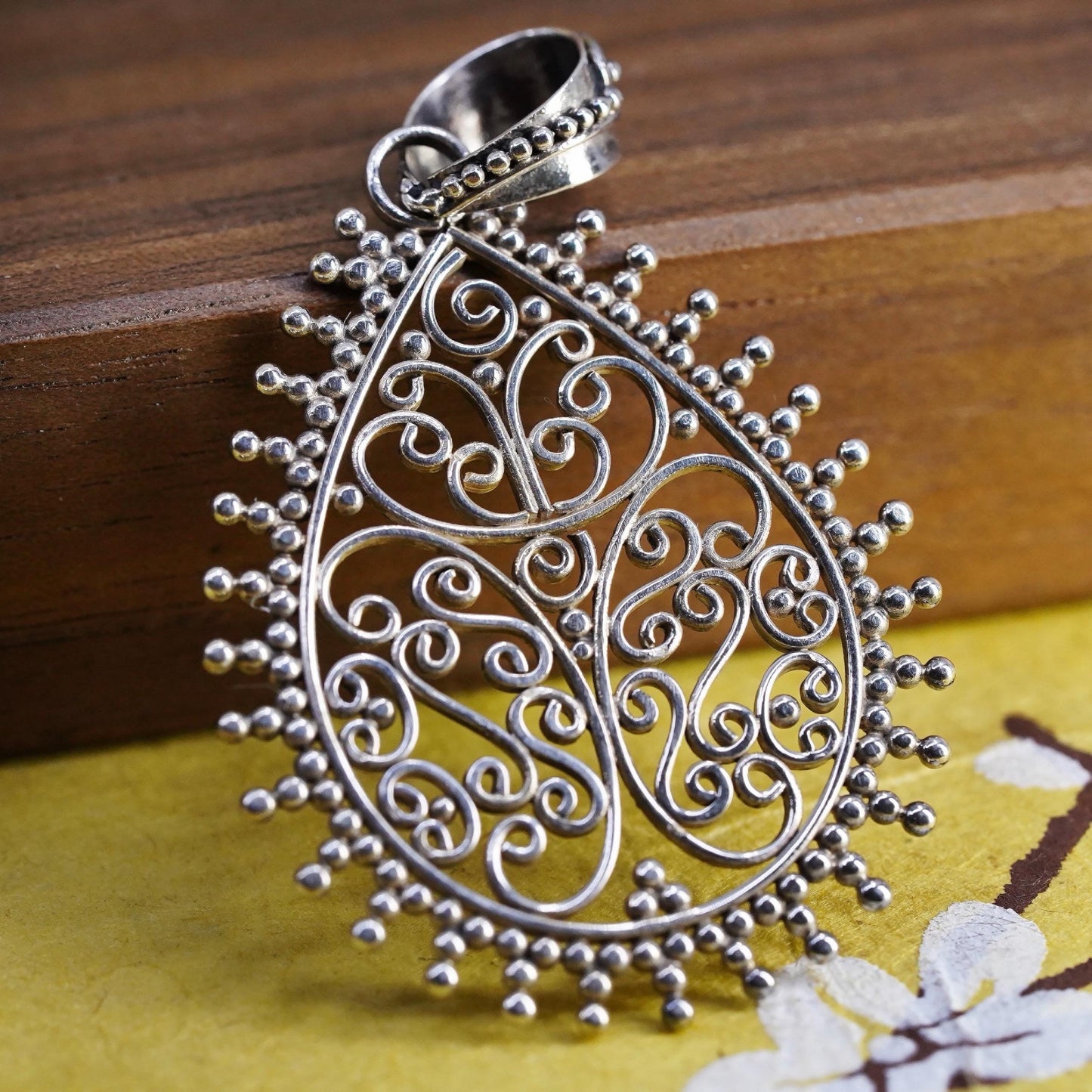 Vintage Sterling 925 silver handmade pendant, filigree teardrop pendant