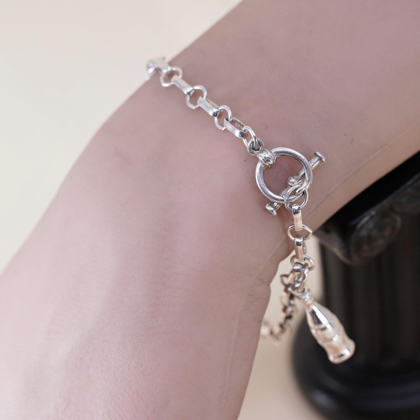 7.75” 3mm, vintage sterling silver bracelet, 925 elongated chain bottle charm
