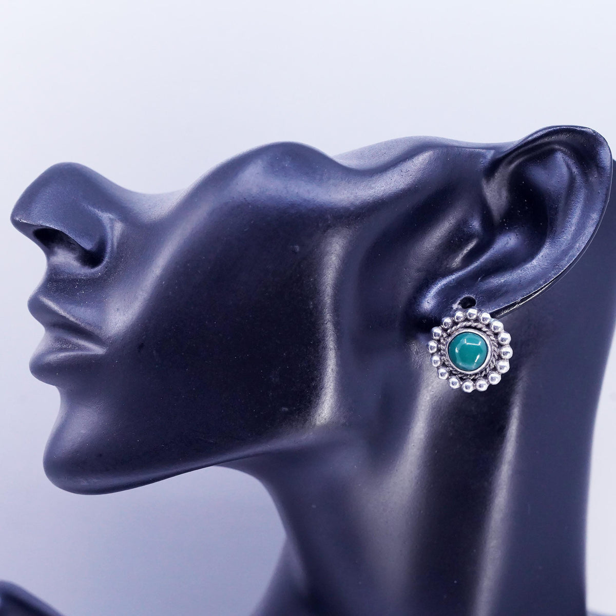 Vintage Mexican Sterling 925 silver earrings, round screw back green jade beads