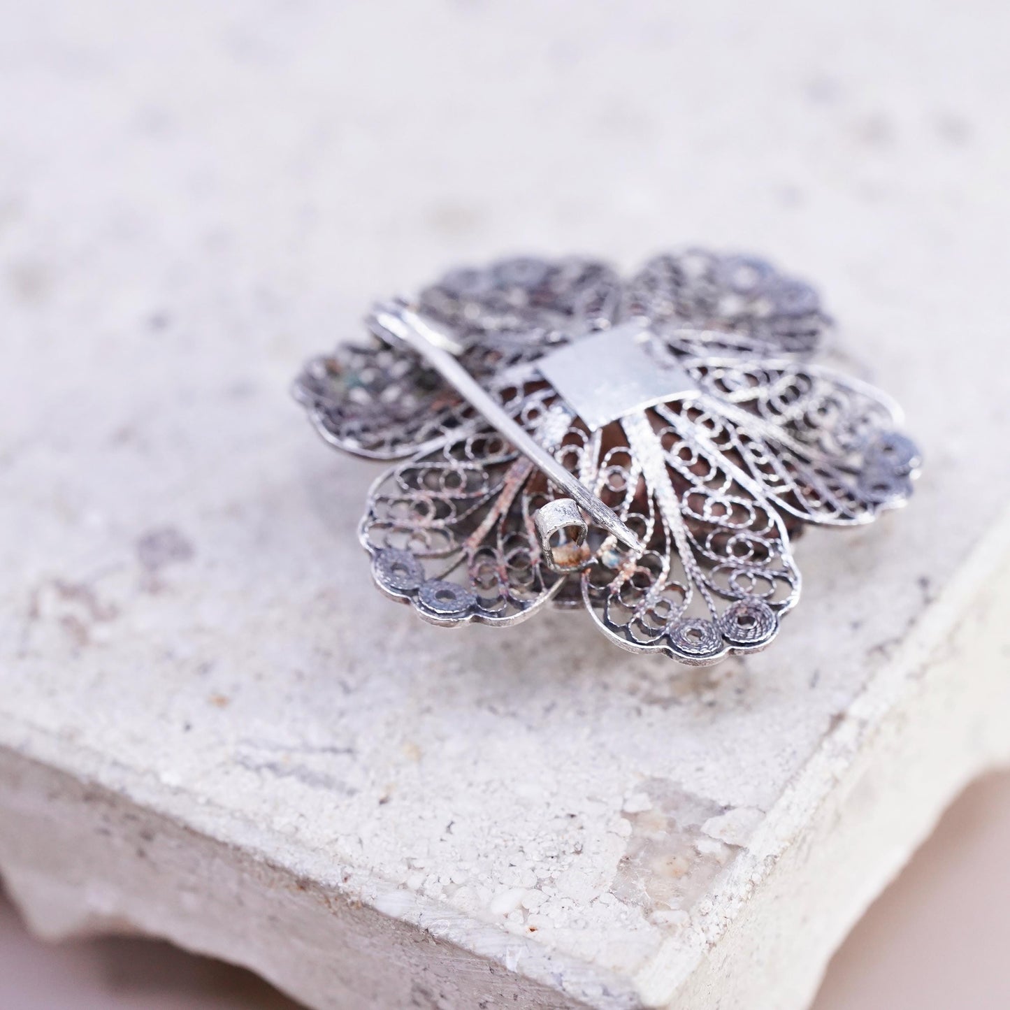 Vintage sterling silver handmade brooch, 925 filigree flower snowflake pin