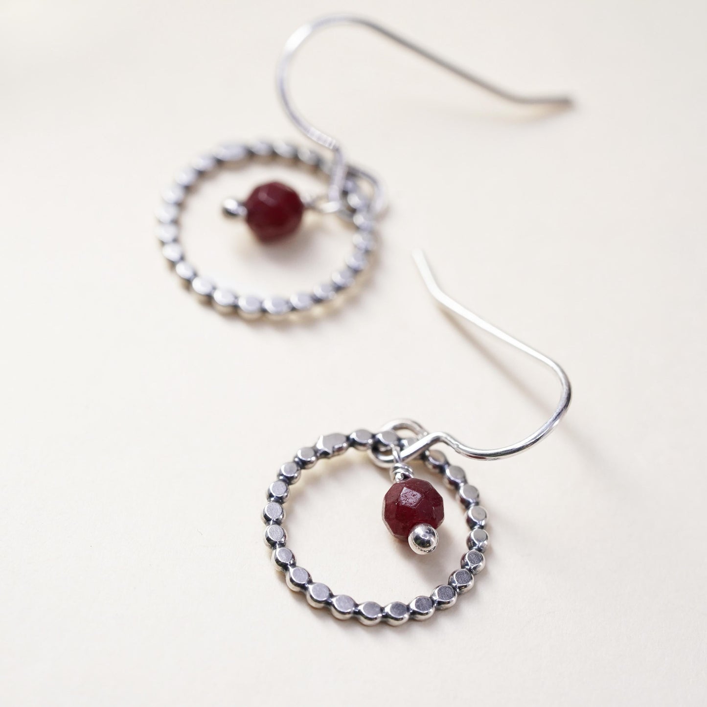 Vintage Sterling silver handmade earrings, 925 circle with Indian ruby