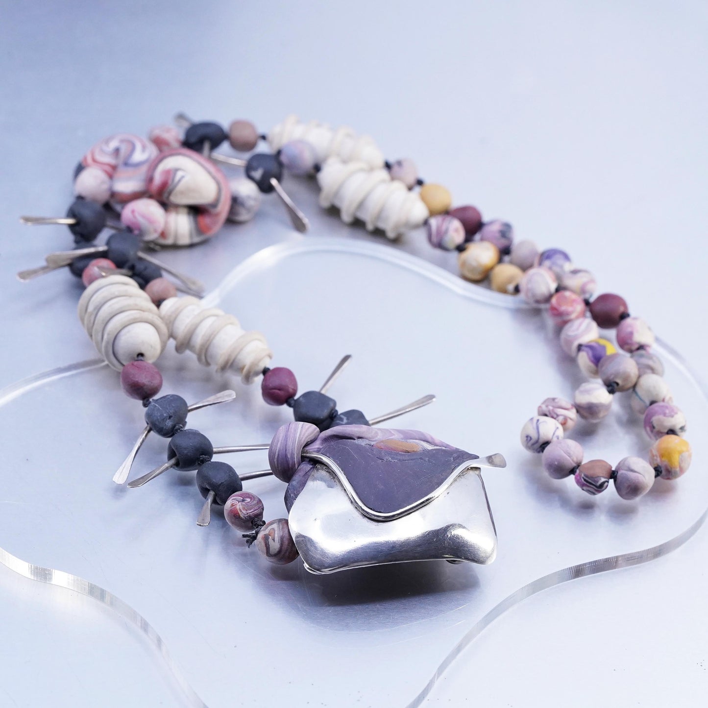 30", Vintage handmade playdoh bead necklace sterling 925 silver pendant brooch