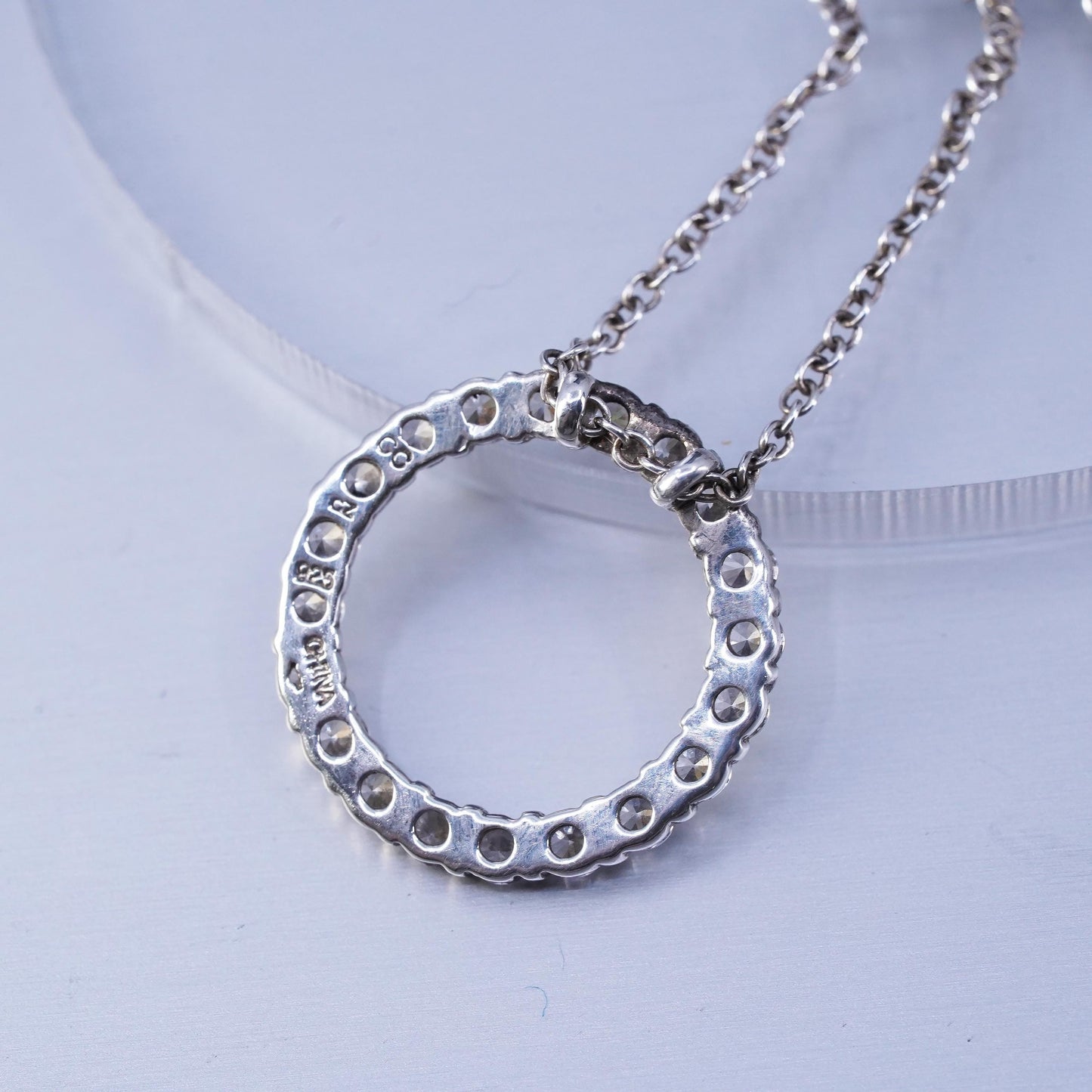 16+2”, vintage Sterling 925 silver circle necklace with cz circle beat pendant